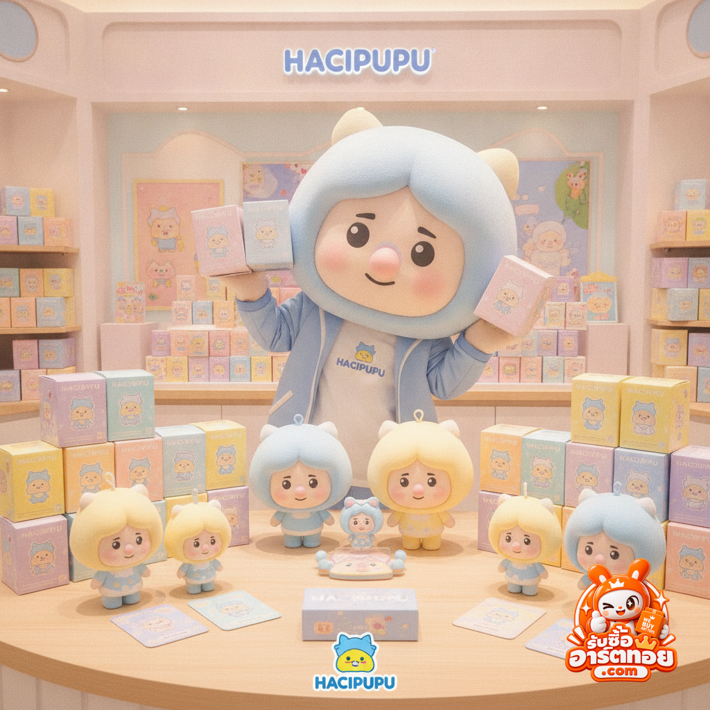 โมเดลและพวงกุญแจกล่องสุ่ม HACIPUPU ของแท้จาก POP MART วางคู่กับกล่องและการ์ดประจำตัว
