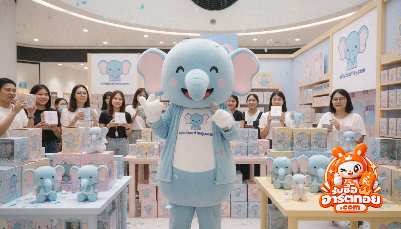 คอลเลกชันโมเดล Elfie ช้างน้อยซอฟท์ไวนิลและกล่องสุ่มผลงานของ Too Natthapong วางเรียงเพื่อตรวจสภาพก่อนประเมินราคา
