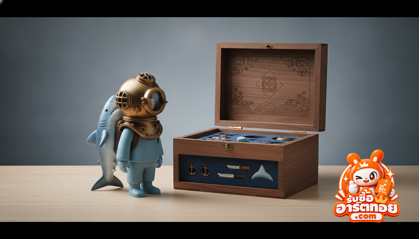 ฟิกเกอร์ Sank Toys Backpack Boy พร้อมเป้ฉลามแม่เหล็กและกล่องไม้สลักลายสำหรับการประเมินสภาพรับซื้อ